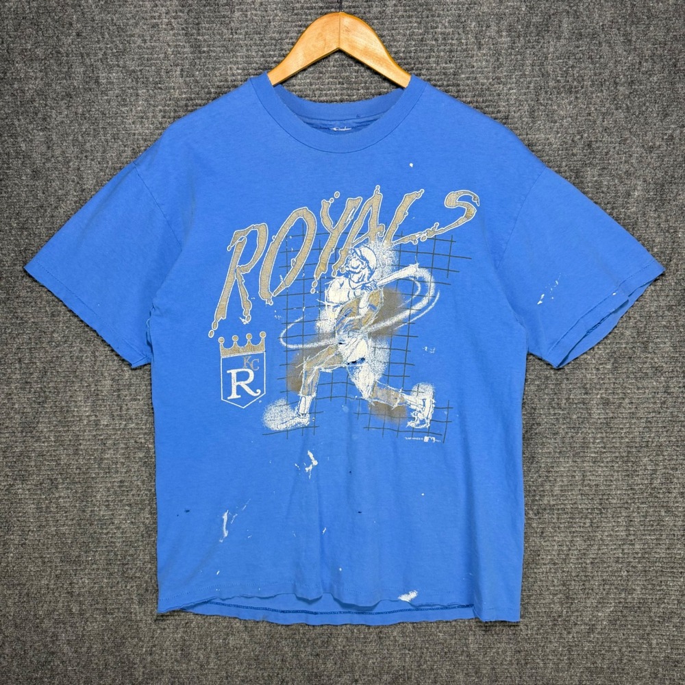 Vintage 1993 Kansas City Royals MLB Blue T-Shirt Distressed & Repaired XL